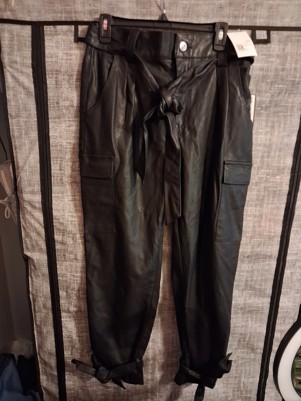 Faux Leather Cargo Jogger Pants with Tie Waist